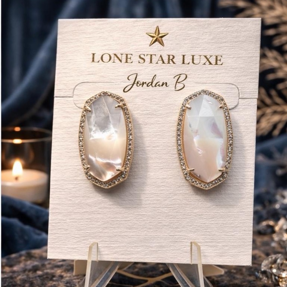 Kendra Scott Elsie Lux Earrings Ivory MOP Gold Crystal Halo Statement Earrings - Picture 9 of 9